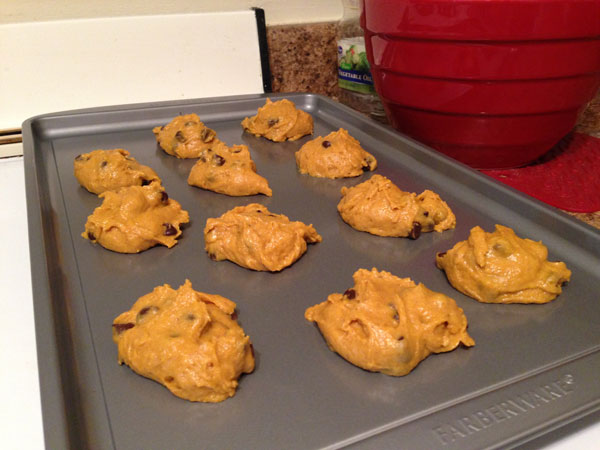 Fair trade pumpkin chocolate chip cookies on cookie sheet