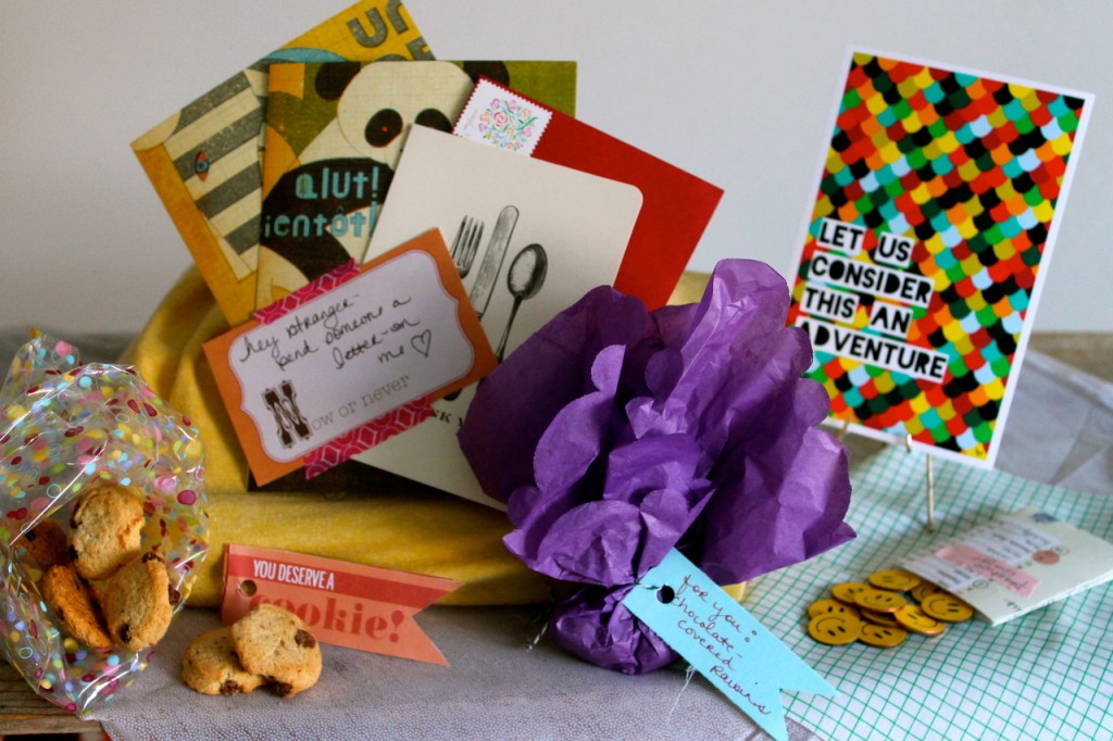 Array of cards, tiny cookies, notes and stickers