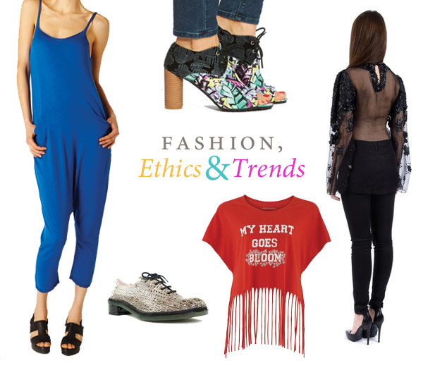 Collection of trendy ethical clothing including a fringed t-shirt, reptile shoes, sheer top and blue jumpsuit