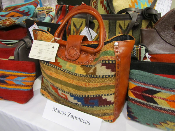 Woven textile and leather tote bag from Manos Zapotecas