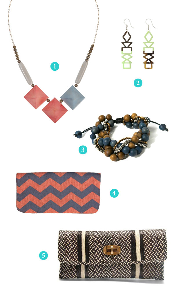 Necklace, earrings, bracelet, wallet and clutch from Fair Trade Designs