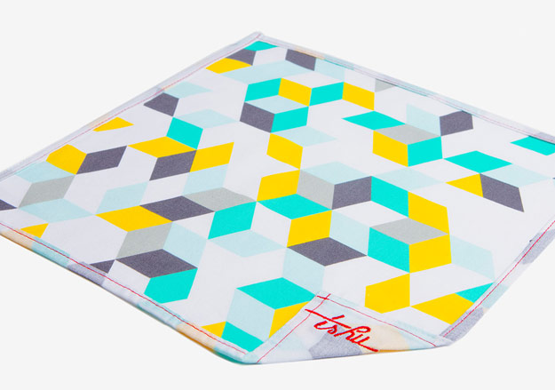 Teal, yellow and gray geometric patterned handkerchief