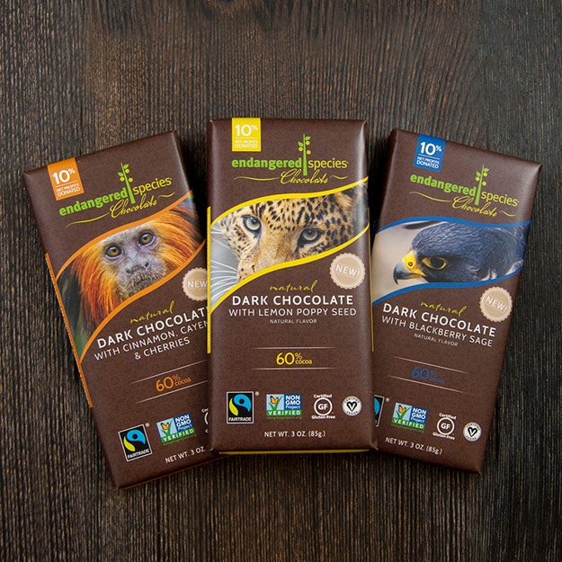 Three chocolate bars from Endangered Species Chocolate