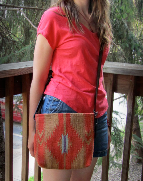 Julia wearing fair trade crossbody purse