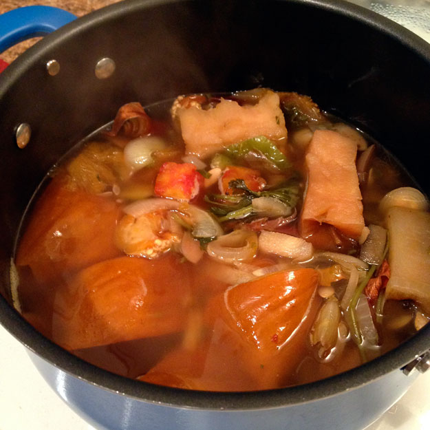 Vegetables in pot after having been simmered