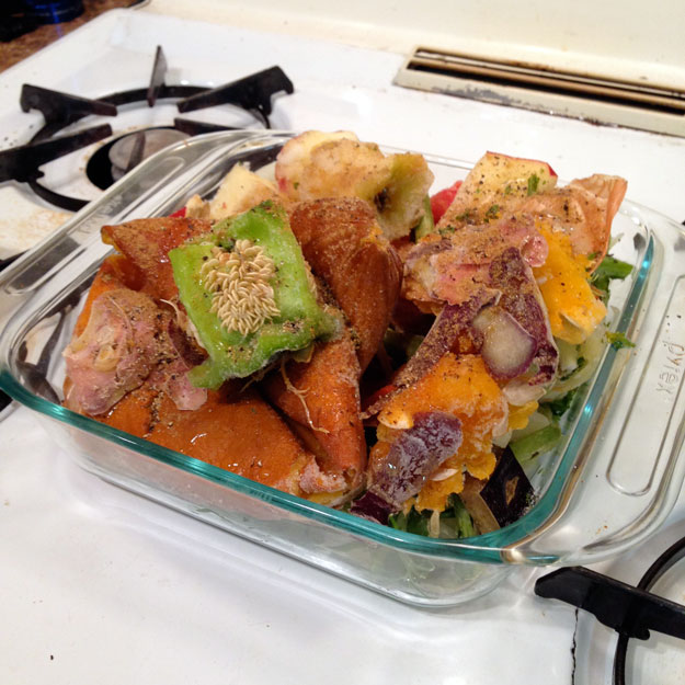 Frozen vegetable scraps in a Pyrex baking pan