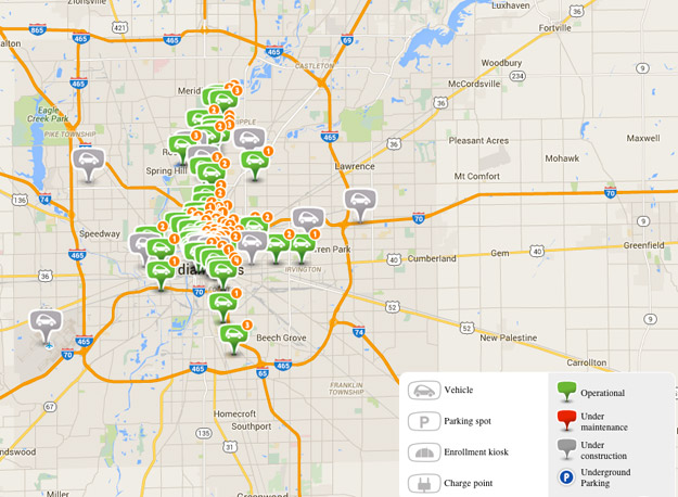 Map of BlueIndy vehicle stations