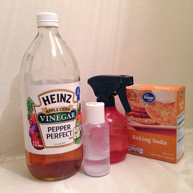 Bottle of vinegar, spray bottle, and baking soda