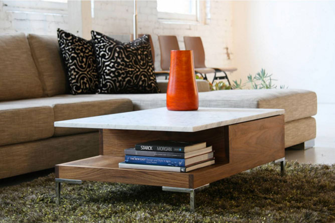 Modern eco-friendly coffee table with red vase