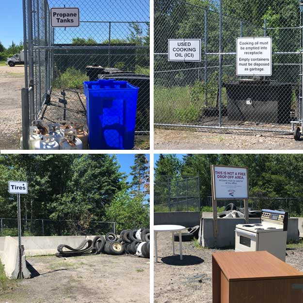 Photo collage of recycling areas for propane tanks, cooking oil, tires, and large items for reuse