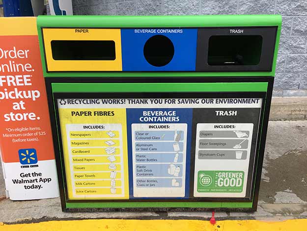Recycling station with sections for paper, beverage containers, and trash